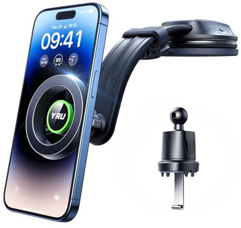 YRU 2025 Upgrade Handyhalterung Auto Magnet für MagSafe Autohalterung【Militär-Klasse Saugnapf & Lüftungshaken】 Handy Halterung Auto für Armaturenbrett Scheibe für iPhone Android,Schwarz