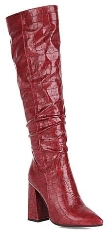BAISOILIHA Donne Faux Coccodrillo Chunky Heel Knee Stivali Alti Appuntito Comodo High Heel Stivali alti Autunno Stivali invernali per donne Le signore Ragazze rosso Numero 43