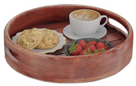 Relaxdays Tablett aus Mangoholz, H x D: 7,5 x 36 cm, Serviertablett mit Griffen, hoher Rand, rundes Dekotablett, braun