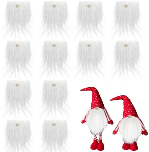 XIABYAYU Vorgeschnittener Wichtelbart Weiß, 12 Stück Weihnachten Vorgeschnittener Zwergenbart mit 12 Holzkugeln, Wichtelbart zum Basteln, Wichtelbart Mini für DIY Weihnachten Wichtel Figuren Deko