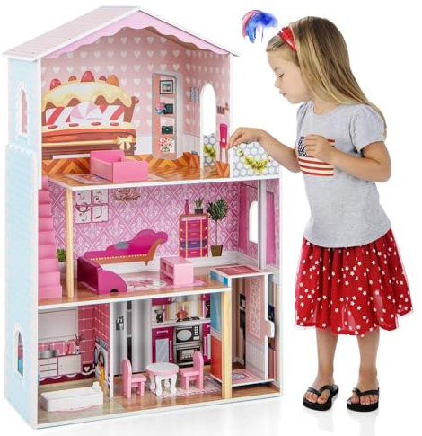 FANTASK Casa delle bambole in legno con accessori e mobili, 3 piani Dollhouse giocattolo con balcone, villa per bambole alta 108 cm, per bambini dai 3 anni in su, rosa 5