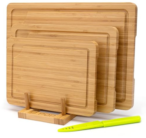 Juego de 3 Tablas de Cortar de Bambú Reversibles con Canal para Jugos, Tamaños S, M, L - para Carne, Verduras, Queso, Cocina, Utensilios de Cocina, Accesorios de Cocina