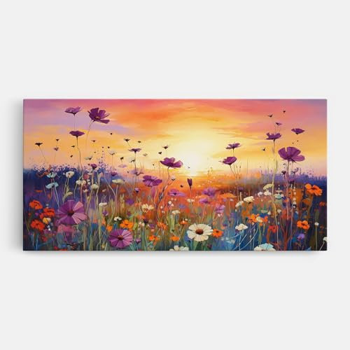 ARTHUB® Leinwandbild 50x100 cm, Dreamy Field Flowers | Wohnzimmerdekoration, Hängende Bilder, Wanddekoration, Heimdekoration, Moderne, Maltextur