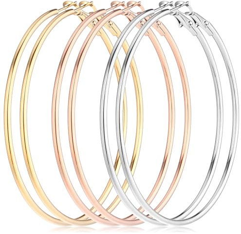 MBAIYO 3Pcs Silver Large Hoop Earrings for Woman, Stainless Steel Circle Hoop Cartilage Gold Silver Rose gold Black Oversize Earrings for Women
