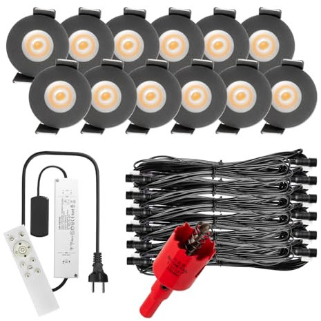 PREMIUM Mini LED- Einbauspots Warmweiss 3.000K, SMART, APP, ALEXA, DIMMBAR, IP65, FUNK 3W Einbaustrahler Terrassenüberdachung, Bad, Sauna mit Fernbedienung (ANTHRAZIT, 12x SMARTHOME LED-SET)