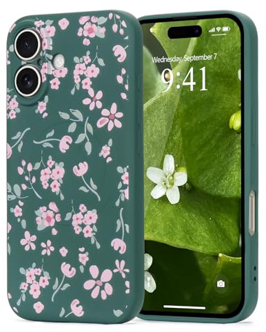 Wirvyuer for iPhone 16 Plus Magnetic case Floral for Women, Green | Compatible with Magsafe Cute Floral Leaves Phone Case, Pink Flower Shockproof Silicone Slim Bumper Protective Cover for Girls