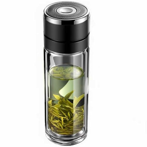Cleesmil Glass Water Bottle Fits in Car Cup Holder, 14 oz Double Wall Borosilicate Glass Tea Infuser Bottle, One Handed One Key Lid Opening, for Car, Home, Office