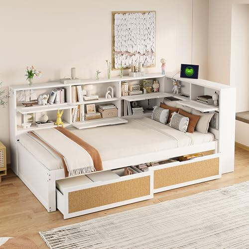 Kebnor Schlafsofa aus Massivholz Multifunktionales Einzelbett Kinderbett mit vielen Staufächern und Ladeanschluss （Ohne Matratze） (Weiß (mit Schublade), 90 * 200cm)