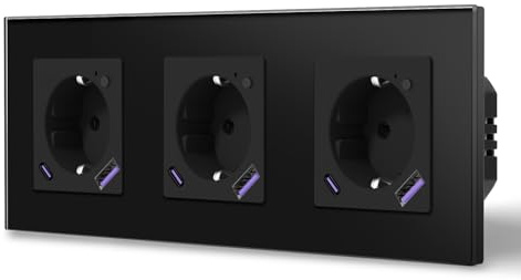 BSEED Enchufe Inteligente Con 20W USB y Tipo C,WIFI Enchufes de pared Con Medidor de Energía,Marco de Vidrio,3 Enchufe WiFi con 20W USB C,228mm Negro