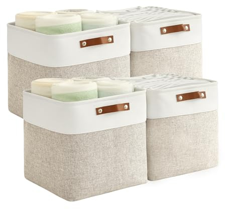Bagnizer 33cm Würfel Aufbewahrungsboxr, klappbarer Stoff Aufbewahrungskorb | Dekorative Schrankkörbe mit Griffen für die Organisation, Regal, Spielzeug, Kleidung, Zuhause, Büro, Kinderzimmer, Beige&Weiß