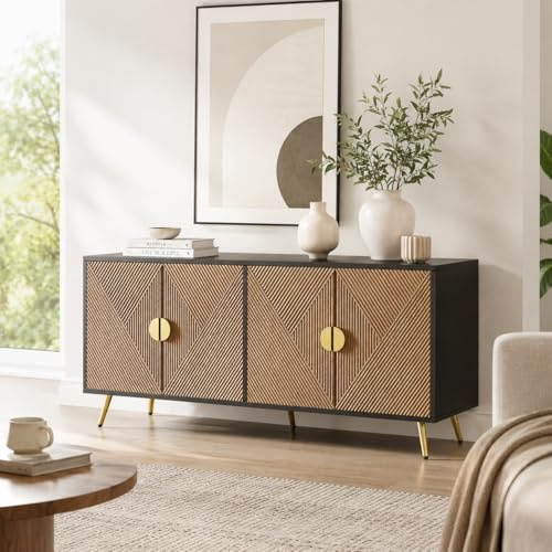 OLIVIBED 160cm Sideboard Wohnzimmer, Anrichte mit 4 Türen und Tischbeine, Wohnzimmerschrank für Wohnzimmer, Esszimmer, Schwarz und Holzmaserung