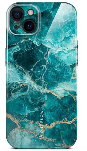 ONEFLOW Bliss Cover für iPhone 15 Hülle in Marmor Optik, Designer Case Handy Schutzhülle mit Kameraschutz, Muster Hardcase Glitzer Handyhülle marmoriert, Türkis Blau