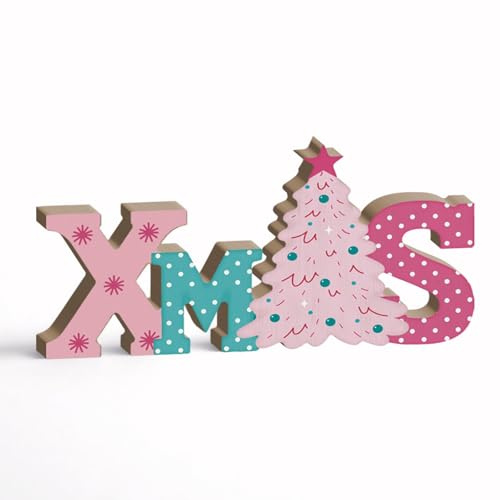 Putuo Decor Deko Weihnachten Innen XMAS Holzschild Rosa mit Weihnachtsbaum Motiv aus MDF als Weihnachtsdeko Tisch für Kinderzimmer Fensterbank Regal, 20x10cm