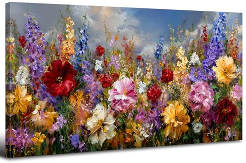 AREBOLO Fleurs Sauvages Colorées Tableau Decoration Murale Encadré Grande Toile Peinture Abstraite Aquarelle Florale Decoration Murale Salon Maison Deco Chambre - Floral Art- Oeuvre Moderne 50x100cm