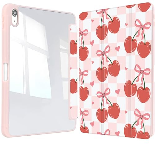 Vozehui iPad Case 11/10.9 Inch (A16)11/10th Gen/10.2 Inch 9th/8th/7th Gen/9.7 In.5th/6th/Air 11 In.M3/M2 w/Clear Back Shell w/Pencil Holder,Tri-fold Stand Cover w/Auto Sleep Wake Bow Cherry