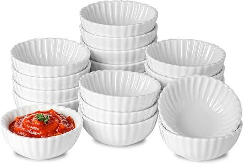 UIBFCWN Lot de 20 Coupelles à Sauce, Porcelaine, 7 x 7 x 3cm, 40ml Bols à Tapas et Sauces, Plats de Service de Snack, Coupelle à Trempette Sauce Pour Tapas, Sushi, Confiture, Va au Four à Micro-Ondes