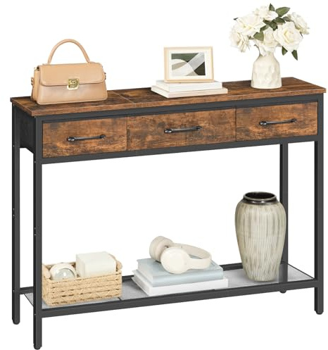 MAHANCRIS Console Table with 3 Fabric Drawers, Narrow Console Table with Open Shelf, 97 cm L Slim Entryway Table, Couch Table, for Hallway, Living Room, Bedroom, Rustic Brown and Black ACTHR3301