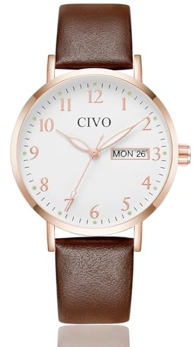 CIVO Leicht Lesbar Armbanduhr Damen: Analog Klares Zifferblatt mit Zahlen | Datum und Tag Leuchtende Zeiger Wasserdicht - Damenuhr Elegant für Casual Alltag - Geschenke für Ehefrau Mutter Senioren