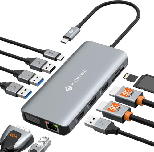 NOVOO Docking Station USB C Triple Display USB C Dual 4K HDMI USB C Hub VGA Adapter Gigabit Ethernet 100W PD,4 USB Datenports,SD/TF Multiport Dock für MacBook M1 M2 HP Dell Lenovo Surface Asus