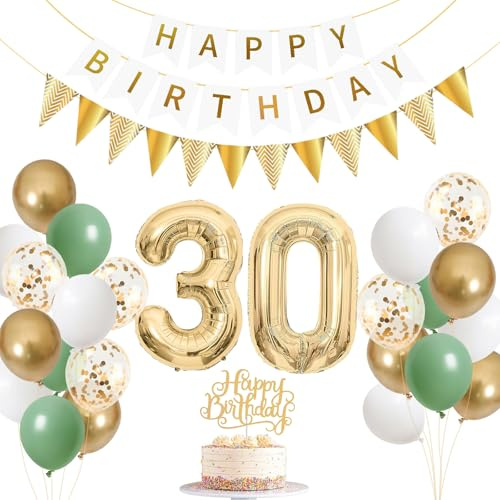 30. Geburtstag Deko Salbeigrün Set, Dihuangwx Deko 30 Geburtstag Frau & Mann, Verdickte Luftballons 30 Jahre mit Happy Birthday Banner,Wimpel, 30 Geburtstagsdeko Set Party Dekoration