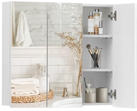 LEMROE 3 Doors Bathroom Cabinet, Wall Mounted Storage Cupboard with Mirror & 4 Adjustable Shelves, Modern Toilet Organizer Furniture, White