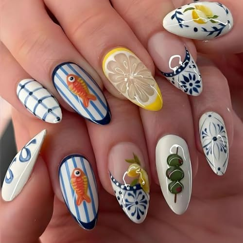 Glamoreal French Tip Press-On Nails, Almond-Shaped False Nails with 3D Goldfish & Lemon Designs, Summer Floral Look, Glossy Stick-On Nails for Spring and Summer, 24 pcs