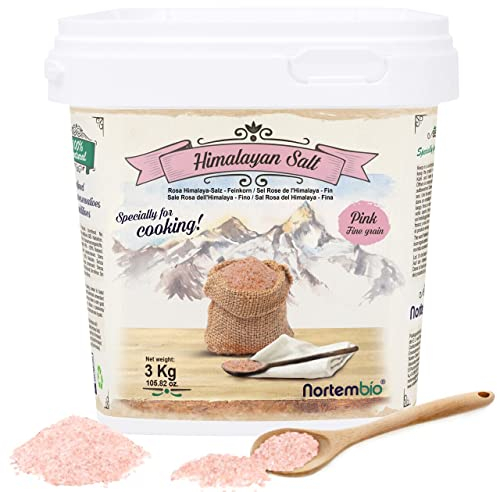 Nortembio Sal Rosa del Himalaya 3 Kg. Fina (1-2 mm). Sal Gourmet 100% Natural. Rica en Minerales. Cocina Sana. Sin Refinar. Sin Conservantes. Extraída a Mano. De Punjab Pakistán.
