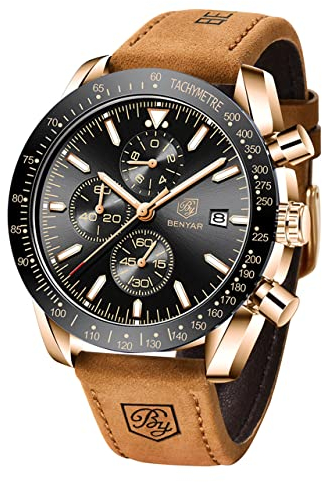 by BENYAR Herren Business Analoger Chronograph Quarzuhr 30M Wasserdicht Leuchtende Datumsanzeige Modische Freizeituhr Sport Multifunktions Lederuhr.(Gold Schwarz)