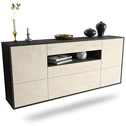 Dekati Sideboard Savannah hängend (180x77x35cm) Korpus anthrazit matt - Front Holz-Design Zeder - Push to Open - Leichtlaufschienen