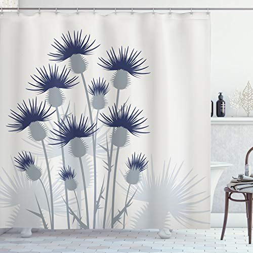 ABAKUHAUS Distel Duschvorhang, Im Garten Themen Blumen, Stoffliches Gewebe Badezimmerdekorationsset mit Haken, 175 x 180 cm, Salbeigrün Grau