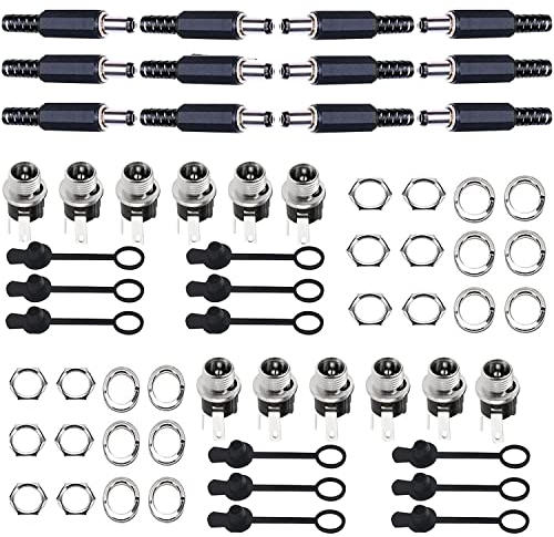 12Pcs 5.5MM x 2.5MM Male DC Power Plug Solder Power Jack Adapter Connector + 12 Pcs 5.5MM x 2.5MM Female DC Panel Socket Mount Adapter Solder+ 12Pcs Rubber Protector Caps for Audio/Video/Phone/CCTV