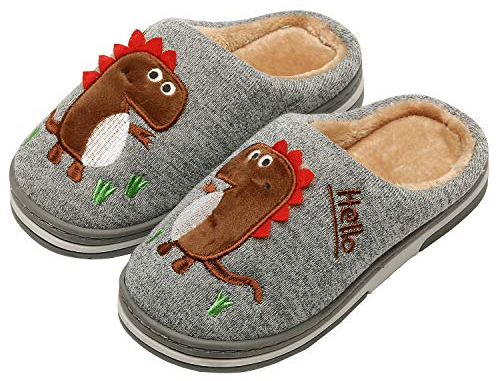 INMINPIN Kinder Winter Baumwolle Pantoffeln Wärme Weiche Plüsch Hausschuhe Kuschelige Slipper mit Cartoon Dinosaurier für Mädchen Jungen,Grau,37/38 EU = Etikettengröße 38/39
