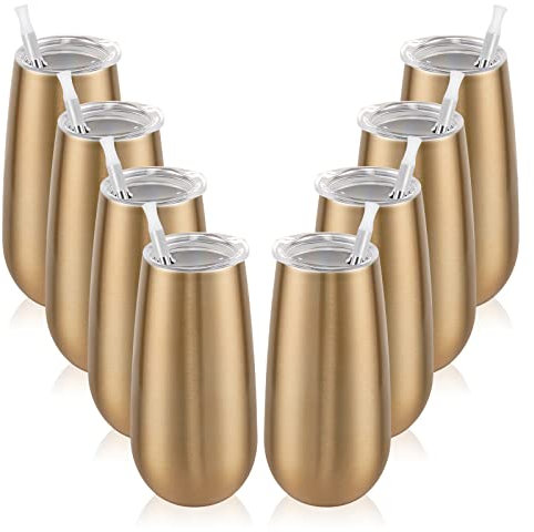 8 Stück isolierte Champagnergläser, Stielloser Champagnerbecher, 170 ml, Sektgläser, Weinglas, unzerbrechliche Cocktailbecher mit Deckel, Geschenk für Familie, Freunde, Geburtstag, Hochzeit (Gold)