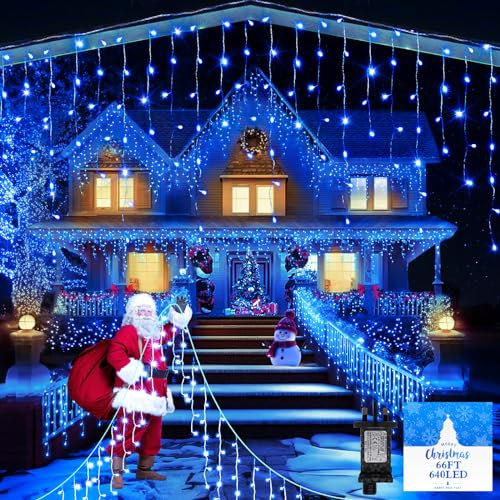 JXLEDAYY 66 FT 640 LED Icicle Christmas Lights Outdoor Decorations Clear Wire String Lights Plug in 120 Drops 8 Modes Timer Connectable Curtain Fairy Lights Waterproof for Holiday Wedding Party-Blue