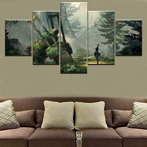 YUANJUN Wanddekoration Design Wandbild 5 Teilig Premium Poster Stilvolles Set Mit Passenden Bilder Als Wohnzimmer Deko Bilderrahmen Leinwandbild Nier Automata 2B Band