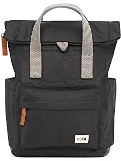 ROKA London Canfield B Small Sustainable Nylon (Black) | Compact roll top backpack with wide zip opening, tablet storage, secret pocket, side pockets and adjustable shoulder straps