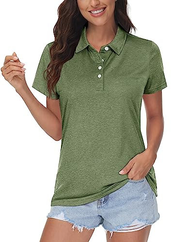 MAGCOMSEN Damen Kurzarm Sport Poloshirts Sommer Leicht Golfshirts Schnelltrocknend Fitness Tops Frauen Outdoor Polo T-Shirts Lässig Trainingsshirts für Tennis Jogging Armeegrün L