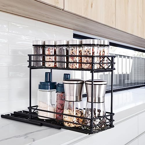 aceyoon Spice Rack for Inside Cupboard, 2 Tier Pull Out Spice Rack Stretchable to 26-42cm Spice Storage Anti-Rust Slide Out Spice Jar Rack with 2 EVA pads and 3 hooks for Kitchen Cupboard (Black)