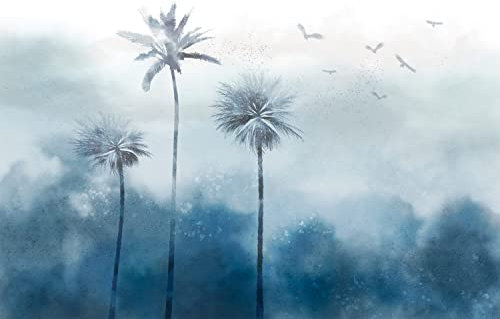 decomonkey Fototapete Abstrakt Landschaft 400x280 cm Design Tapete XXL Fototapeten Vlies Tapeten Vliestapete Wandtapete moderne Wand Schlafzimmer Wohnzimmer Natur Palmen Baum Vögel Aquarell Blau