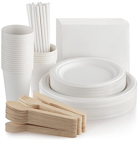 Fuyit 200Pcs Vaisselle Jetable, Bagasse Assiette Jetable Biodégradable Couteau, Fourchette et Cuillère Tasse Paille Serviette, pour Soirée Party Fête de Mariage,25 Invités