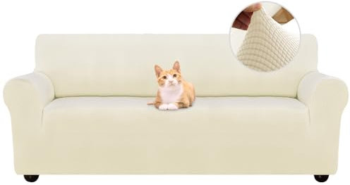 Jaotto Sofabezug 4 Sitzer Elastischer Stretch Spandex Sofa Überwürfe Sofahusse Antirutsch Waschbar Sofaschoner Couchbezug für Sofa mit Armlehne,Jacquard#Beige