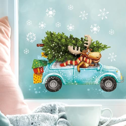 Wandtattoo Loft Wiederverwendbares Fensterbild Weihnachten Winter Elch Auto Tannebaum Schneeflocken Adventsdeko, 1. A4 Bogen