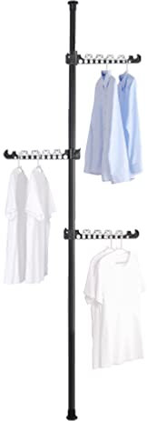 Hershii Adjustable Clothing Rack Laundry Tension Pole 3 Tiers Clothes Drying Hanger Stand Coat Tree DIY Floor to Ceiling Vertical Corner Garment Storage Organizer for Indoor, Balcony - Black