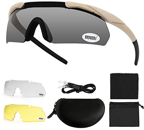 Feyachi Safety Glasses, Tactical Shooting Glasses with 3 Interchangeable Lens, Safety Sunglasses, Clear Cycling Glasses, Eye Protection Impact Resistant for Work, Hunting, Fishing, Cycling