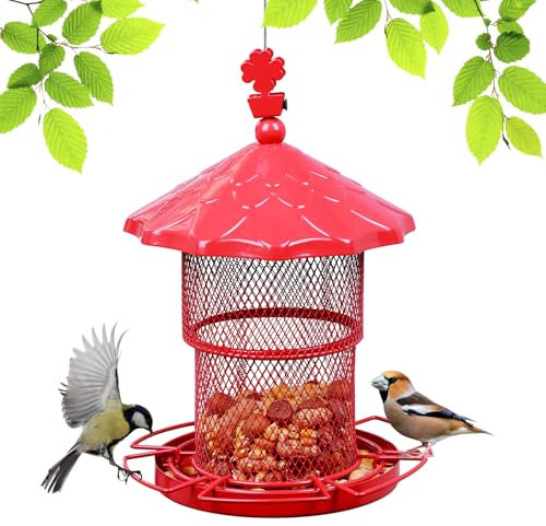Urban Deco Metal Bird Feeders for Wild Birds - Hummingbird & Squirrel Proof, Outside Hanging Decoration Garden Feeder (Red)