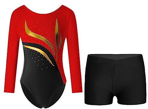 Alvivi Kinder Mädchen Turnanzug Gymnastikanzug mit Shorts Gymnastik Leotard Ballett Trikotanzug Glitzer Ballettanzug Sportbody Overall G Rot&Schwarz 122-128