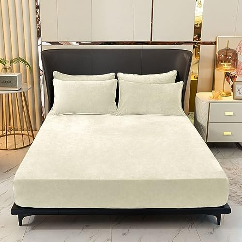 Warme Winter Spannbettlaken Bettlaken Fleece 200x200 Weiß Beige Flausch Cashmere Touch Teddy Plüsch Flanell Kuschelige Flauschige Bett Spannbetttuch für Boxspringbetten Topper 30 cm Hohe Matratzen