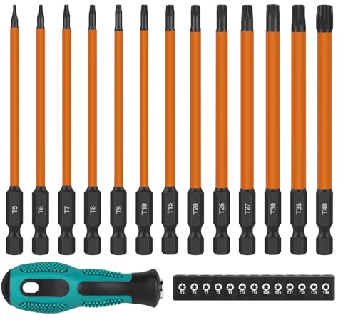 EFUTURETIME 13 Stück 150mm 1/4 Torx Lang Schraubendreher Bit Set, T5 T6 T7 T8 T9 T10 T15 T20 T25 T27 T30 T35 T40, Bitsatz Lang Magnetisch mit Torxschraubendreher, Torx Bit aus S2 Stahl