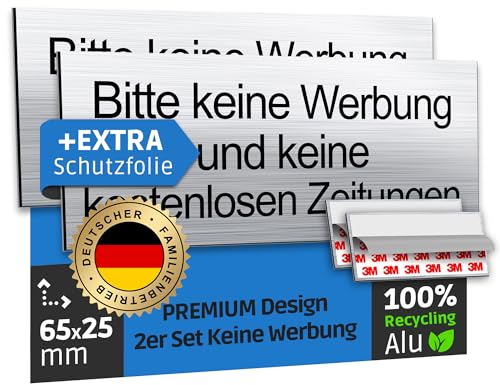 SCHILDERBOXX® 2er Set Keine Werbung Aufkleber [65x25mm, 100% Alu, 3M Tape] - Schild Briefkasten Selbstklebend, Kostenlose Zeitungen Verboten