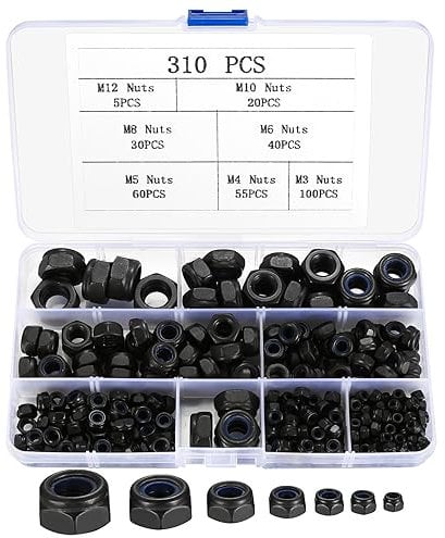 310 Pcs Nylock Nuts, Self Locking Nuts, Nylon Insert Lock Nut, Carbon Steel Black Hex Thread Hexagon Nut with Nylon Inserts for Bolts Screws Components, M3 M4 M5 M6 M8 M10 M12